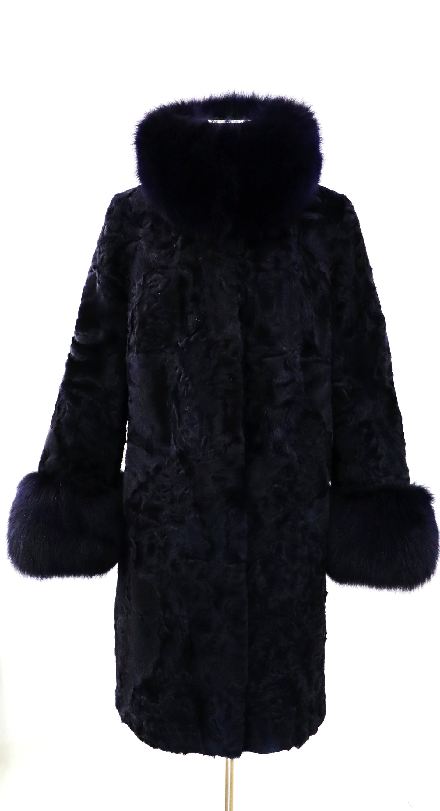 ABRIGO DE ASTRACÁN AZUL CON CUELLO Y PUÑOS DESMONTABLES DE ZORRO - TALLA 46