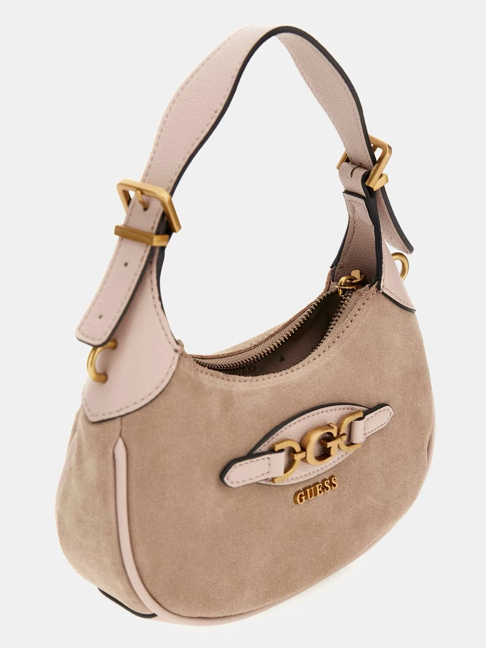 MINI BOLSO AL HOMBRO GUESS MALVA DE PIEL GAMUZADA