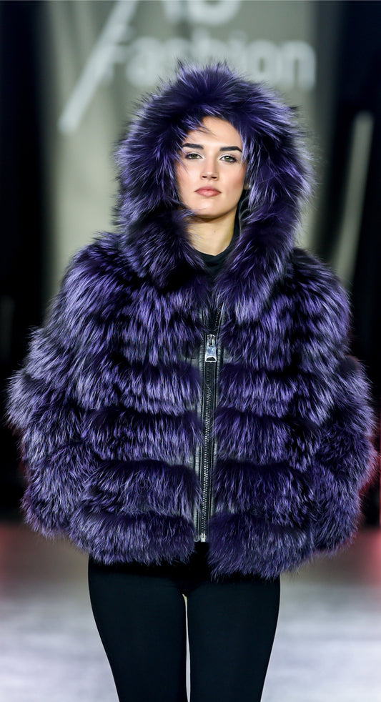 CHAQUETA DE ZORRO CON CREMALLERA Y CAPUCHA MORADO - TALLA 44