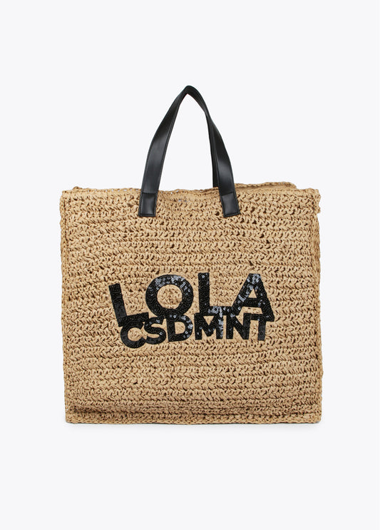 BOLSO EFECTO RAFIA CON LOGO BRILLANTE