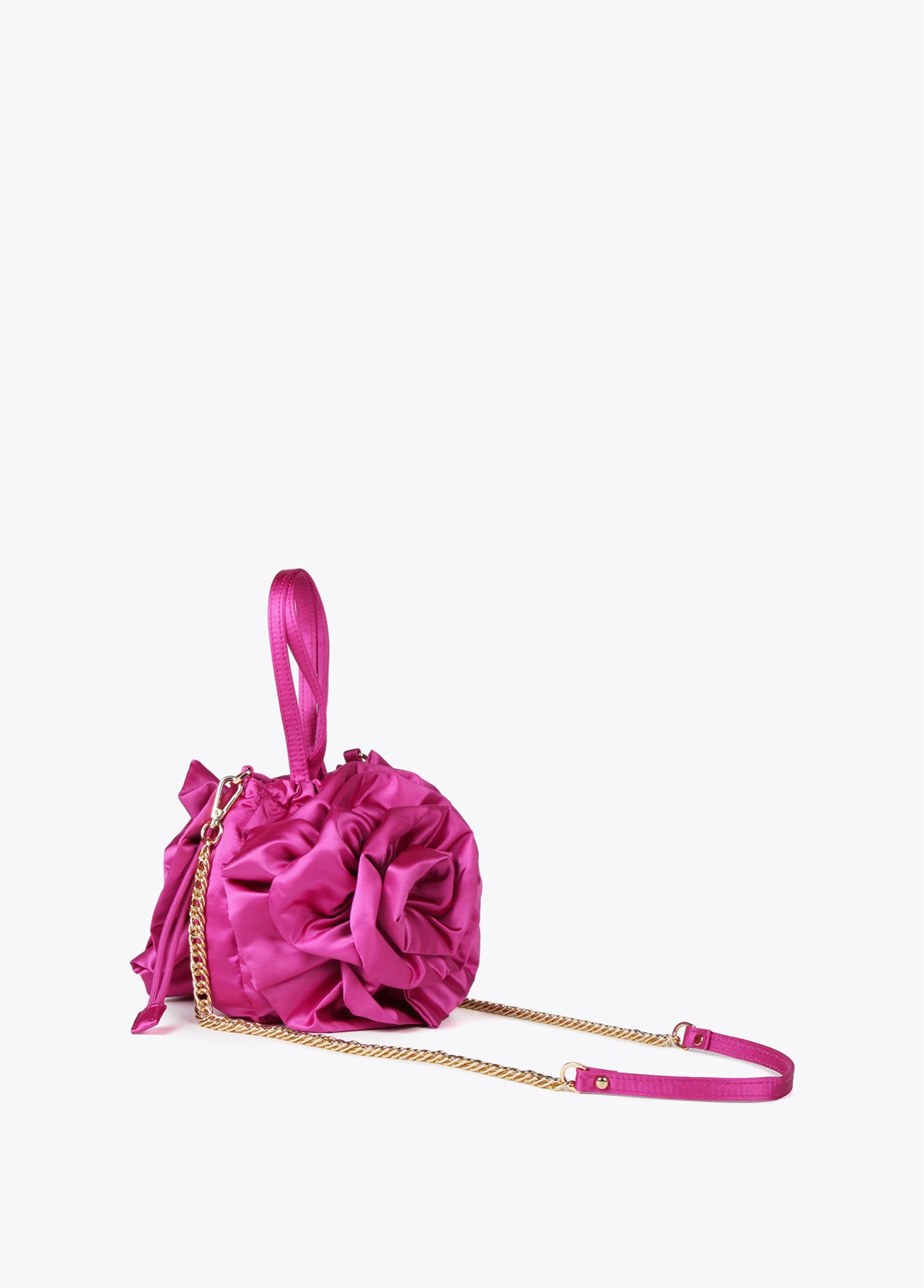 BOLSO FLOR EN SATÉN FUCSIA