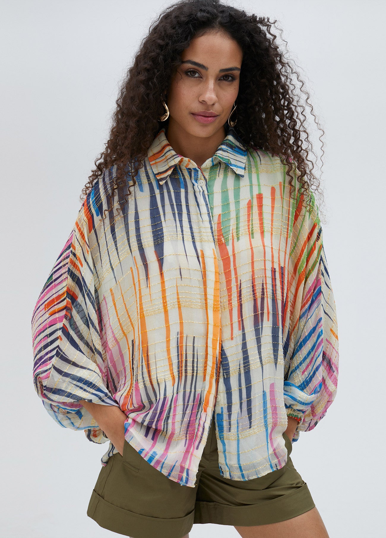 CAMISA RAYADA MULTICOLOR MANGA ABULLONADA