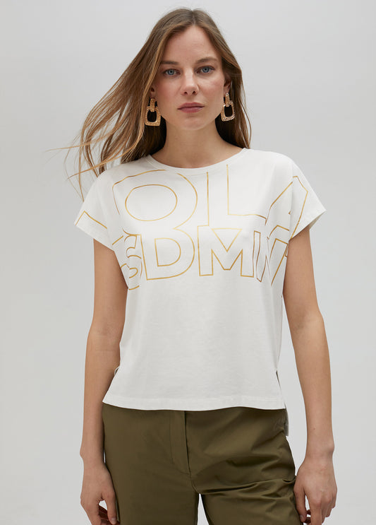 CAMISETA LETRAS LOGO DORADAS BLANCA