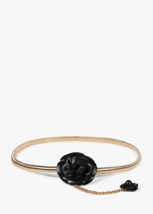 CINTURÓN METAL ELÁSTICO FLORES EFECTO PIEL NEGRO