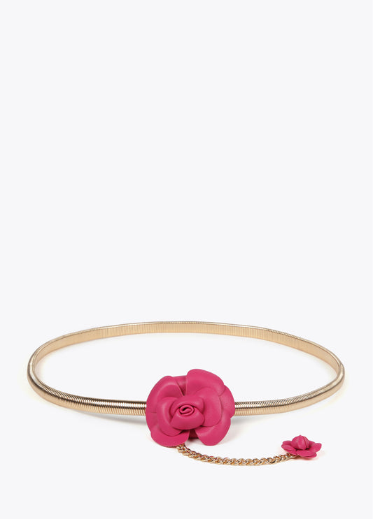 CINTURÓN METAL ELÁSTICO FLORES EFECTO PIEL FUCSIA