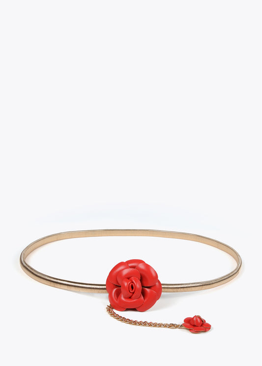 CINTURÓN METAL ELÁSTICO FLORES EFECTO PIEL ROJO