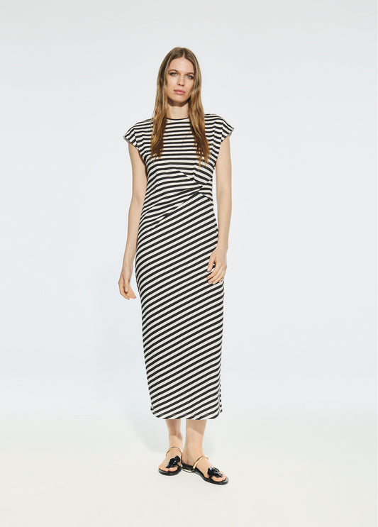 VESTIDO DE RAYAS CON NUDO LATERAL BLANCO Y NEGRO