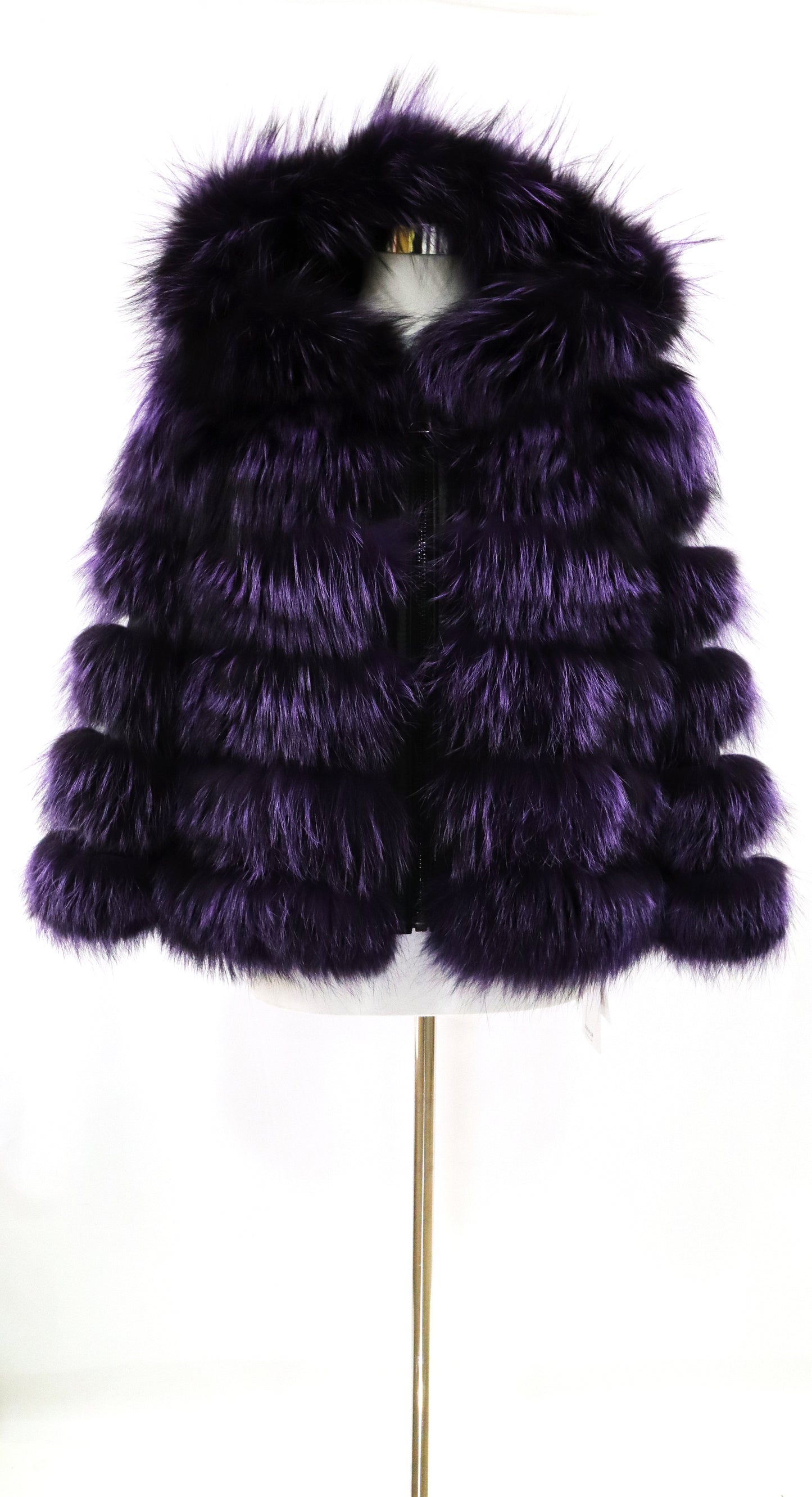 CHAQUETA DE ZORRO CON CREMALLERA Y CAPUCHA MORADO - TALLA 44