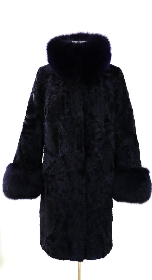 ABRIGO DE ASTRACÁN AZUL CON CUELLO Y PUÑOS DESMONTABLES DE ZORRO - TALLA 46