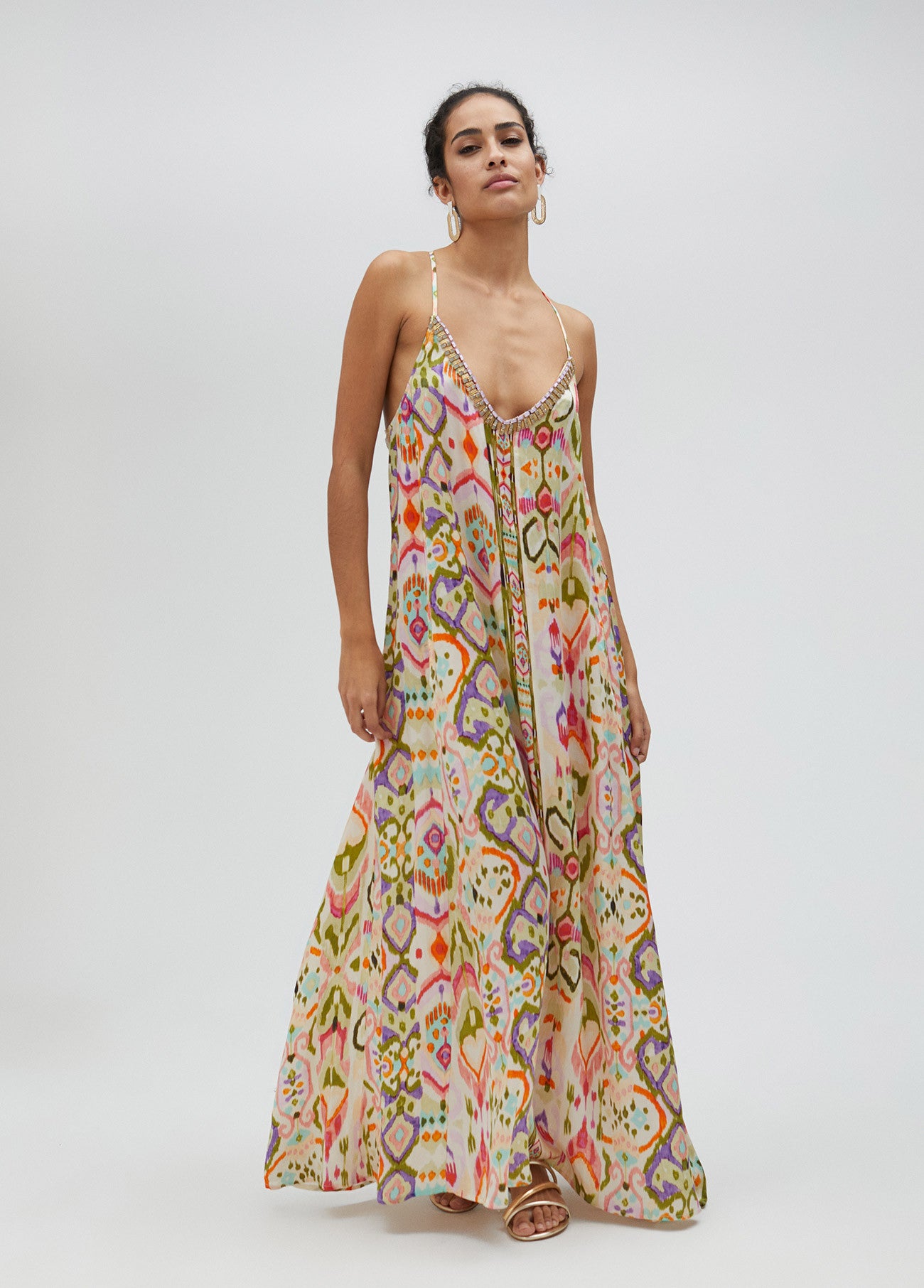 VESTIDO SEDA LARGO ESTAMPADO CON TIRANTES