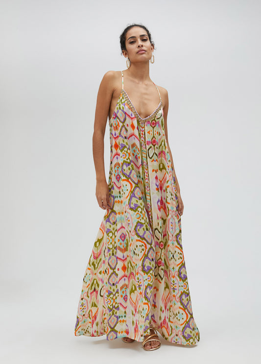 VESTIDO SEDA LARGO ESTAMPADO CON TIRANTES