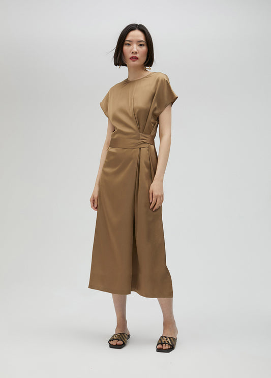 VESTIDO SATINADO ANUDADO MOSTAZA